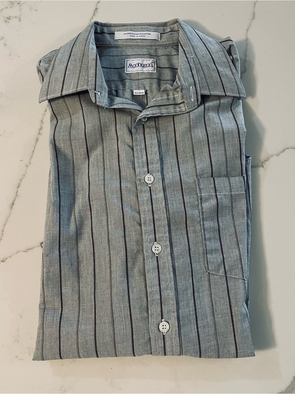 Vintage Manhattan Grey Vertical-Stripe Dress Shirt 70’s